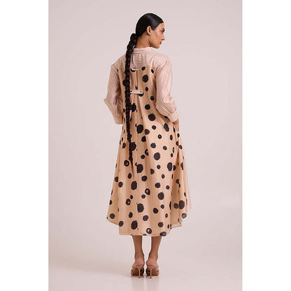 MADDER MUCH Pink Chanderi Collar Neck Stripes A-Line Midi Dress