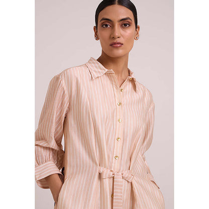 MADDER MUCH Pink Chanderi Collar Neck Stripes A-Line Midi Dress