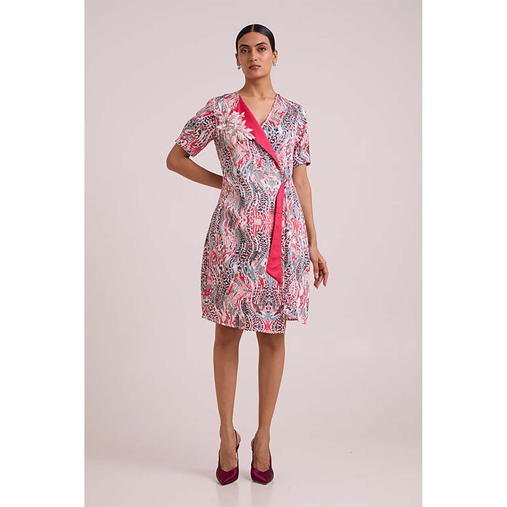 MADDER MUCH Multi-Color Cotton Notched Lapel Printed A-Line Mini Dress