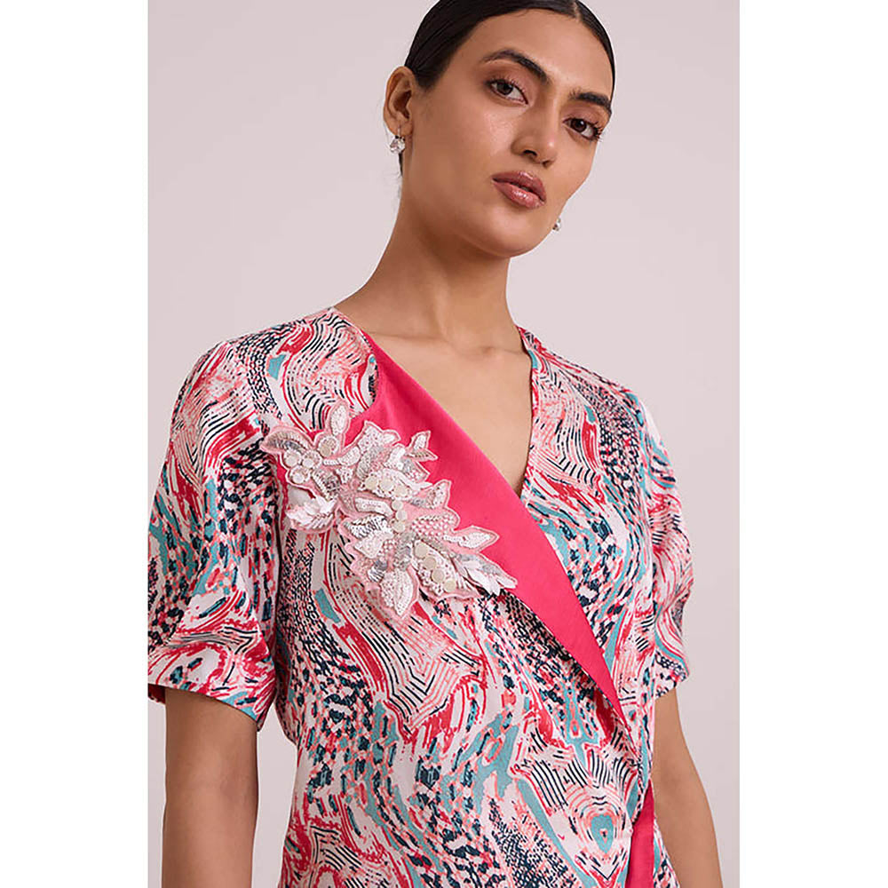 MADDER MUCH Multi-Color Cotton Notched Lapel Printed A-Line Mini Dress