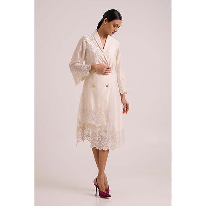 MADDER MUCH Ivory Chanderi V-Neck Embroidered A-Line Midi