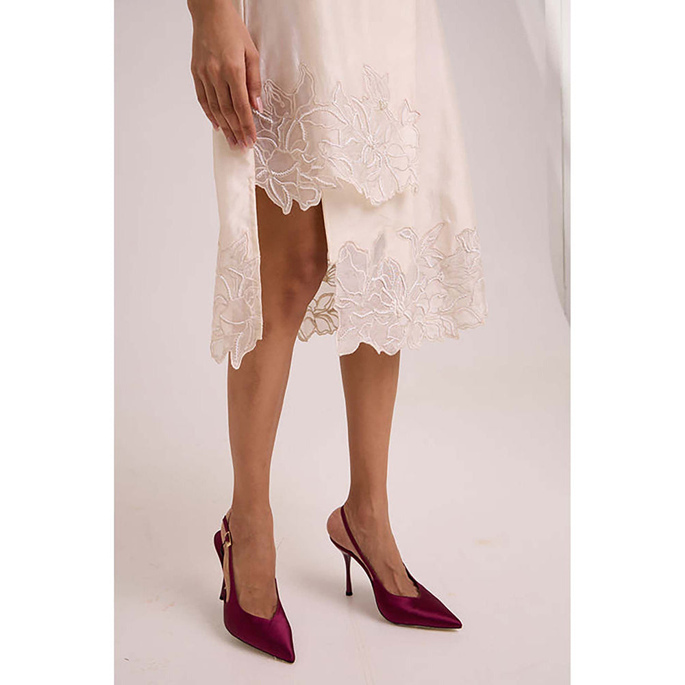 MADDER MUCH Ivory Chanderi V-Neck Embroidered A-Line Midi