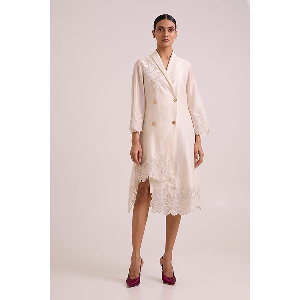 MADDER MUCH Ivory Chanderi V-Neck Embroidered A-Line Midi