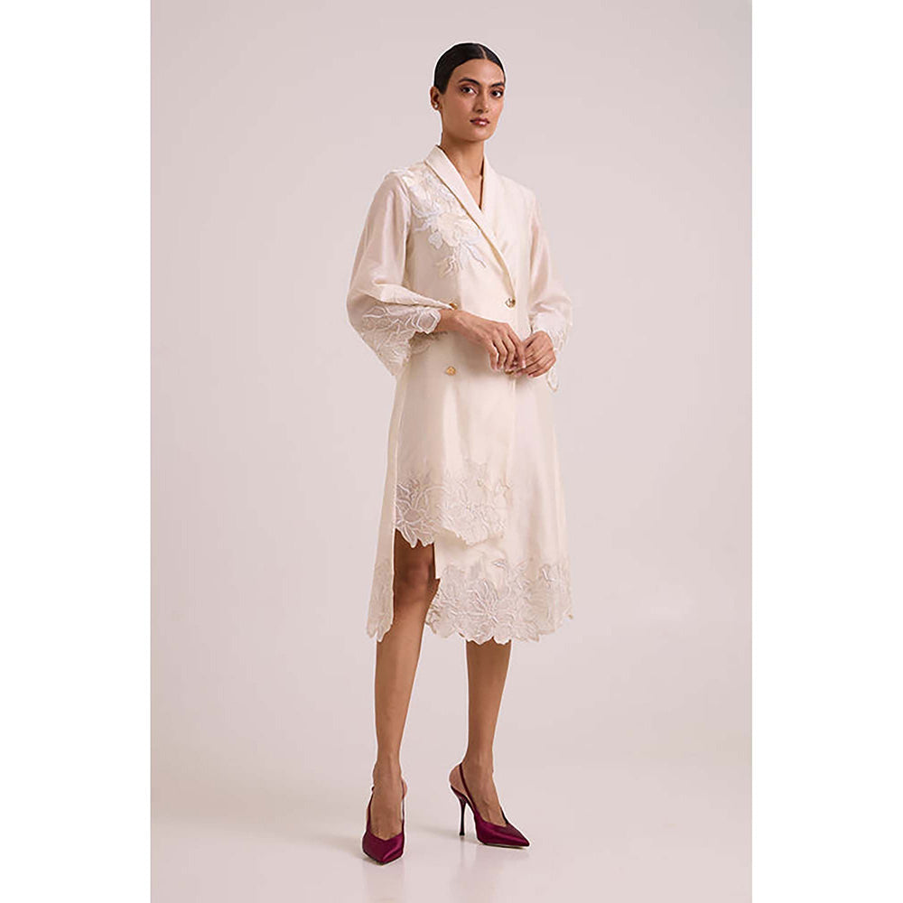 MADDER MUCH Ivory Chanderi V-Neck Embroidered A-Line Midi