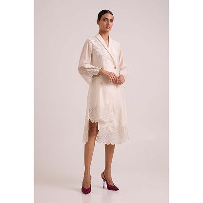 MADDER MUCH Ivory Chanderi V-Neck Embroidered A-Line Midi