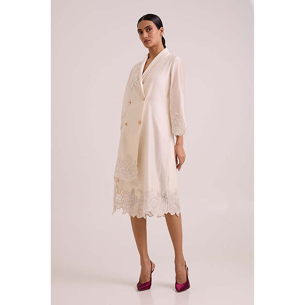 MADDER MUCH Ivory Chanderi V-Neck Embroidered A-Line Midi