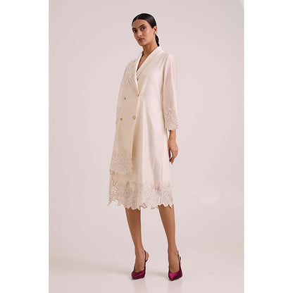 MADDER MUCH Ivory Chanderi V-Neck Embroidered A-Line Midi