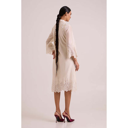 MADDER MUCH Ivory Chanderi V-Neck Embroidered A-Line Midi