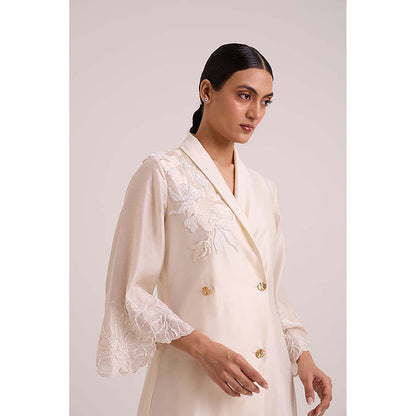MADDER MUCH Ivory Chanderi V-Neck Embroidered A-Line Midi