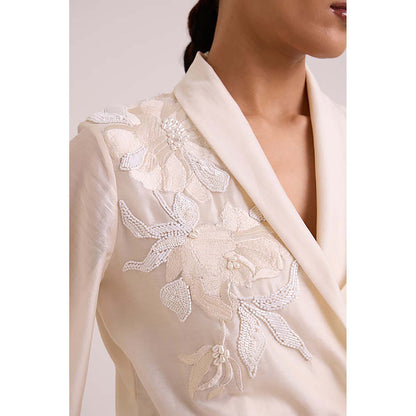 MADDER MUCH Ivory Chanderi V-Neck Embroidered A-Line Midi