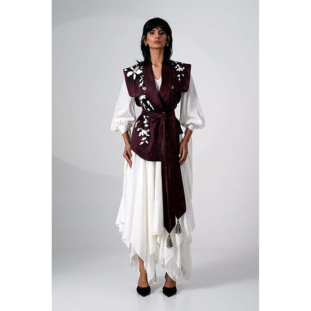 MADDER MUCH Burgundy Modal V-Neck Floral Asymmetrical Maxi Dress With Jacket