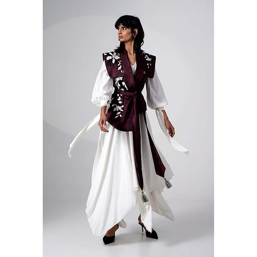 MADDER MUCH Burgundy Modal V-Neck Floral Asymmetrical Maxi Dress With Jacket