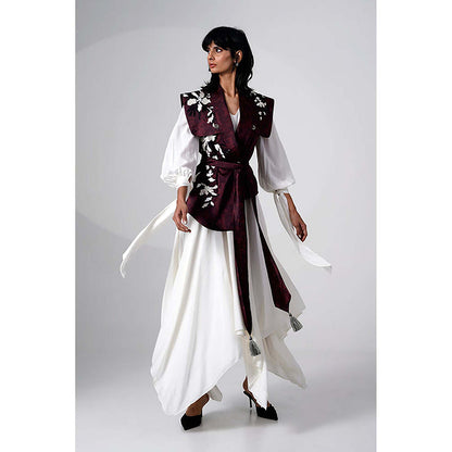 MADDER MUCH Burgundy Modal V-Neck Floral Asymmetrical Maxi Dress With Jacket