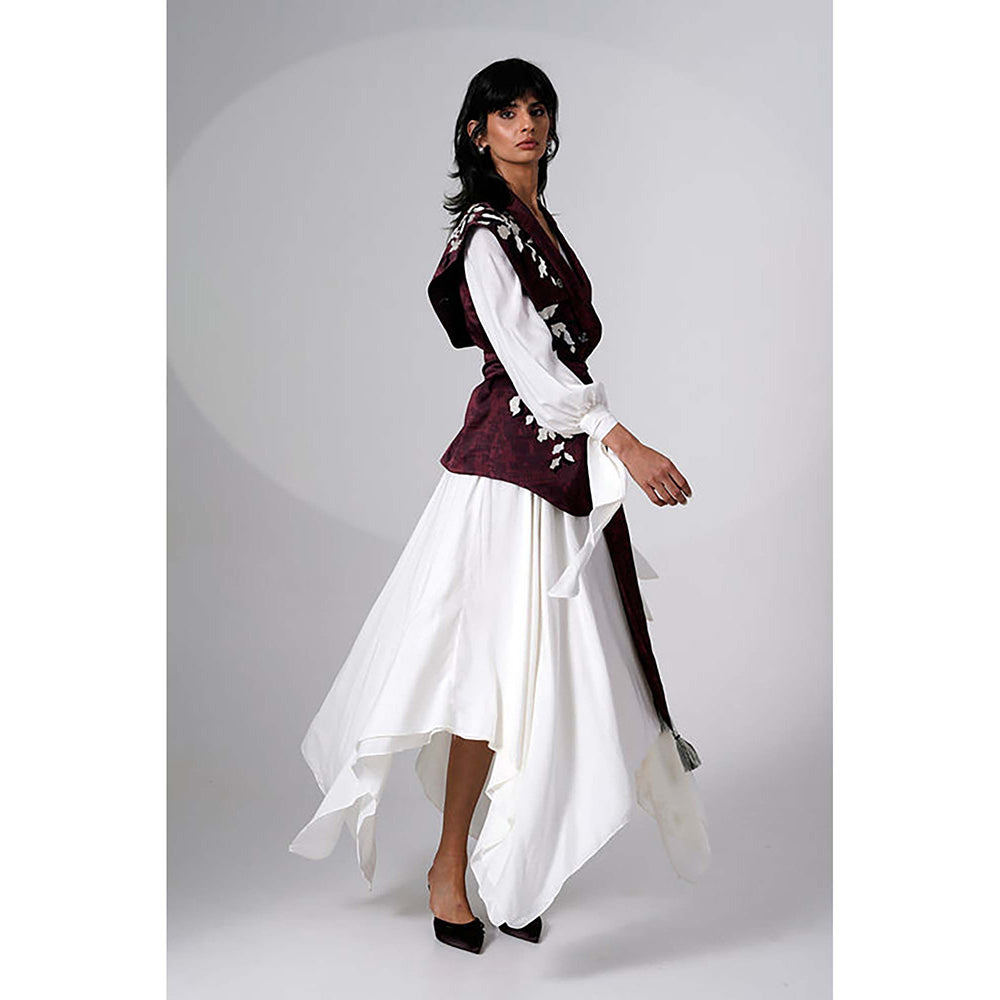 MADDER MUCH Burgundy Modal V-Neck Floral Asymmetrical Maxi Dress With Jacket