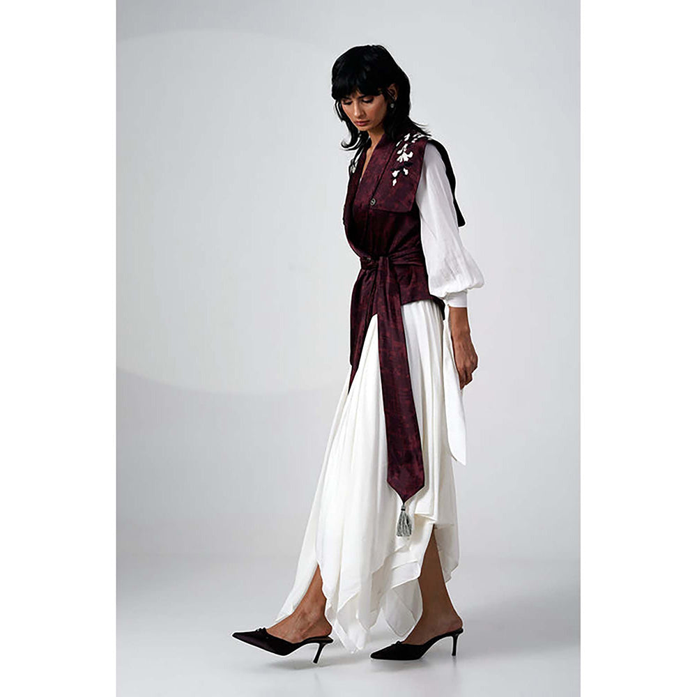 MADDER MUCH Burgundy Modal V-Neck Floral Asymmetrical Maxi Dress With Jacket
