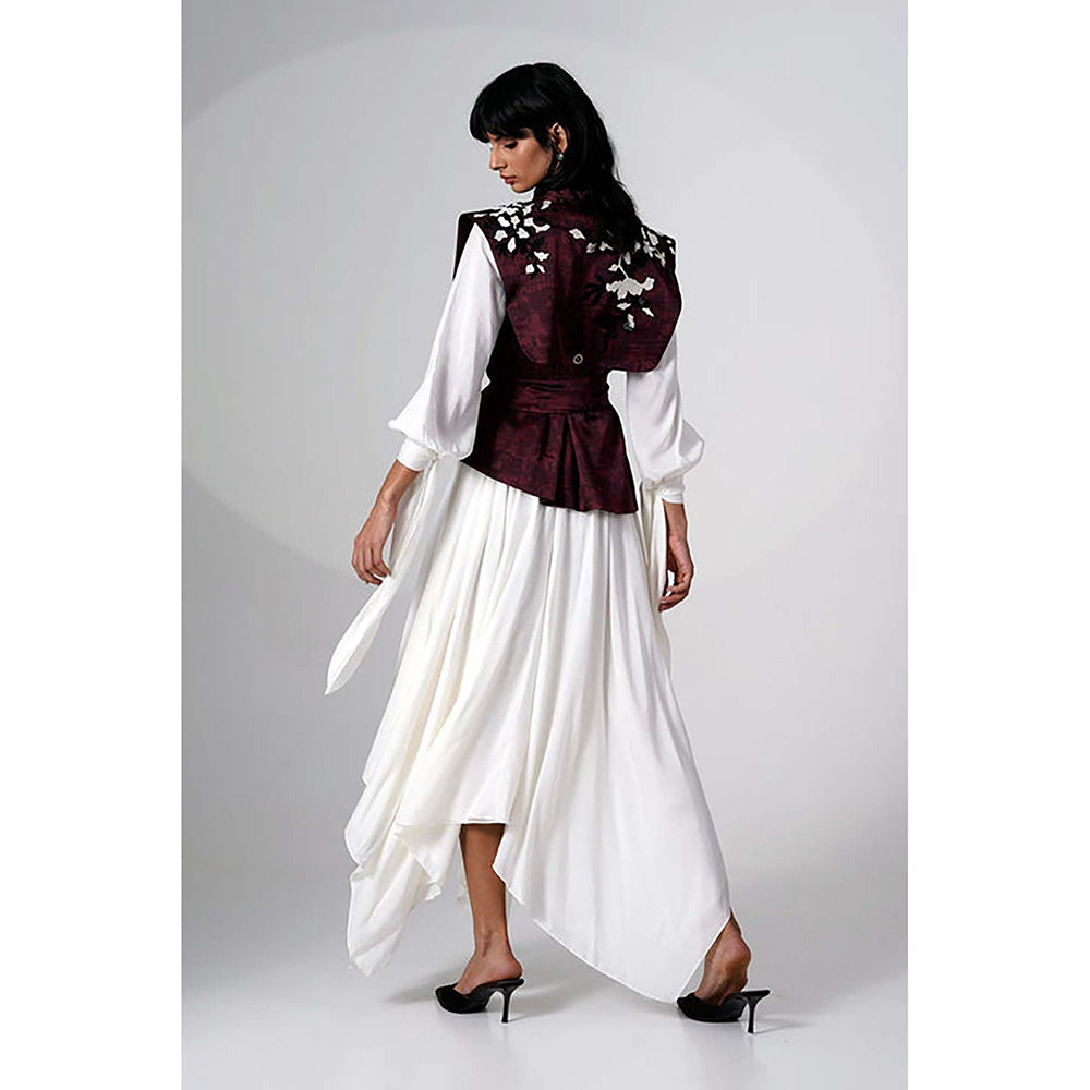 MADDER MUCH Burgundy Modal V-Neck Floral Asymmetrical Maxi Dress With Jacket