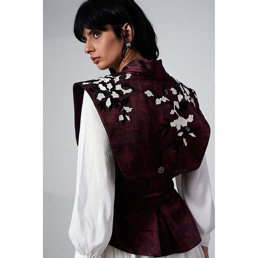 MADDER MUCH Burgundy Modal V-Neck Floral Asymmetrical Maxi Dress With Jacket