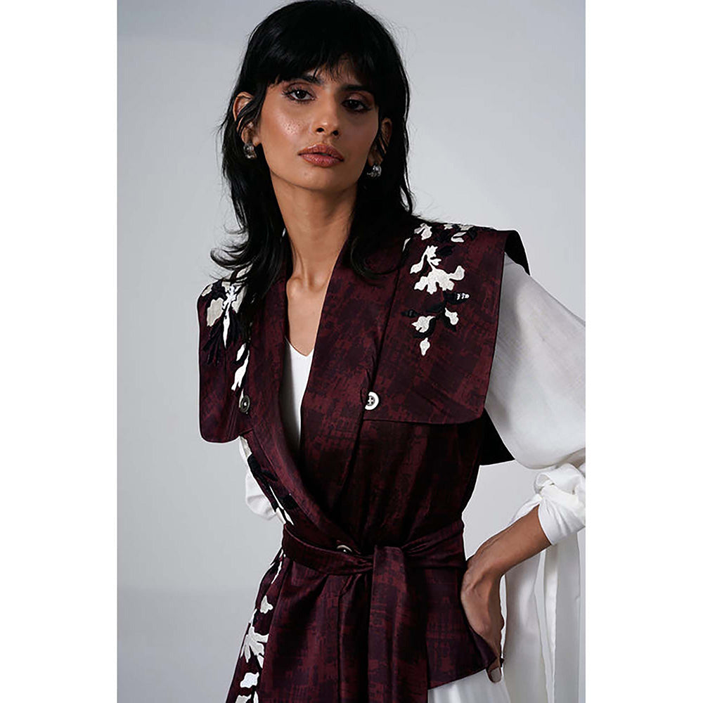 MADDER MUCH Burgundy Modal V-Neck Floral Asymmetrical Maxi Dress With Jacket