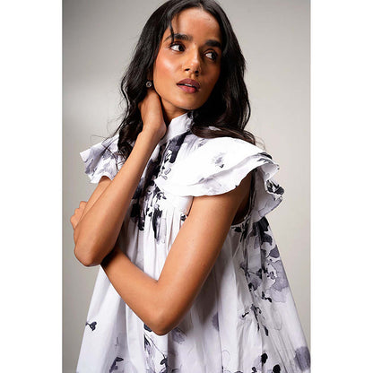 MADDER MUCH White Cotton High Neck Printed A-Line Mini Dress