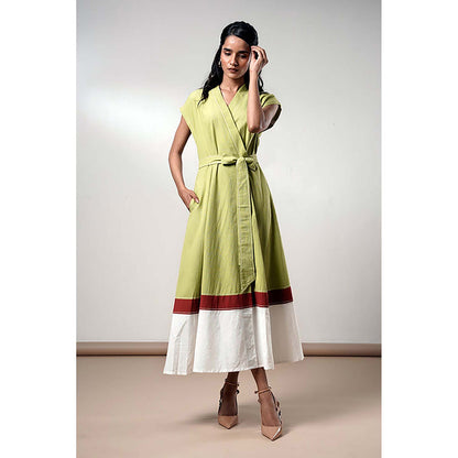 MADDER MUCH Olive Cotton V-Neck Colorblock Midi Dress