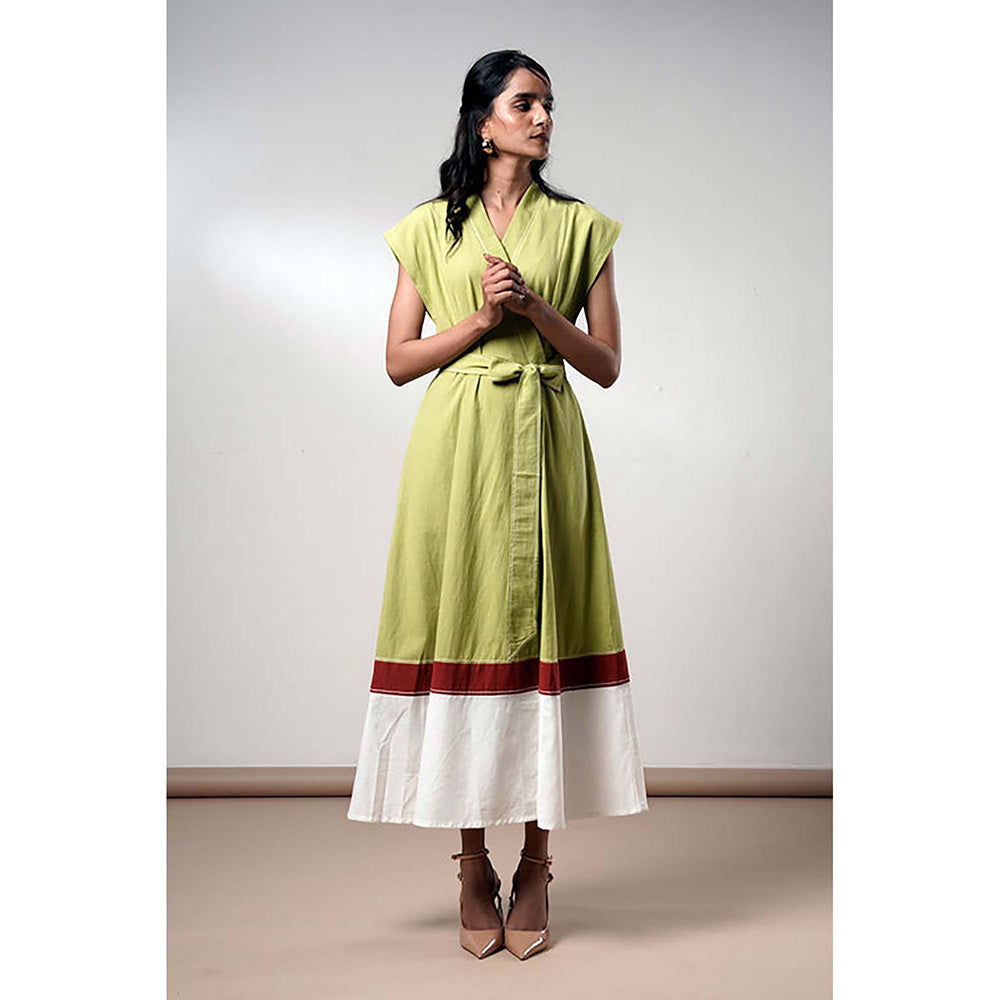 MADDER MUCH Olive Cotton V-Neck Colorblock Midi Dress