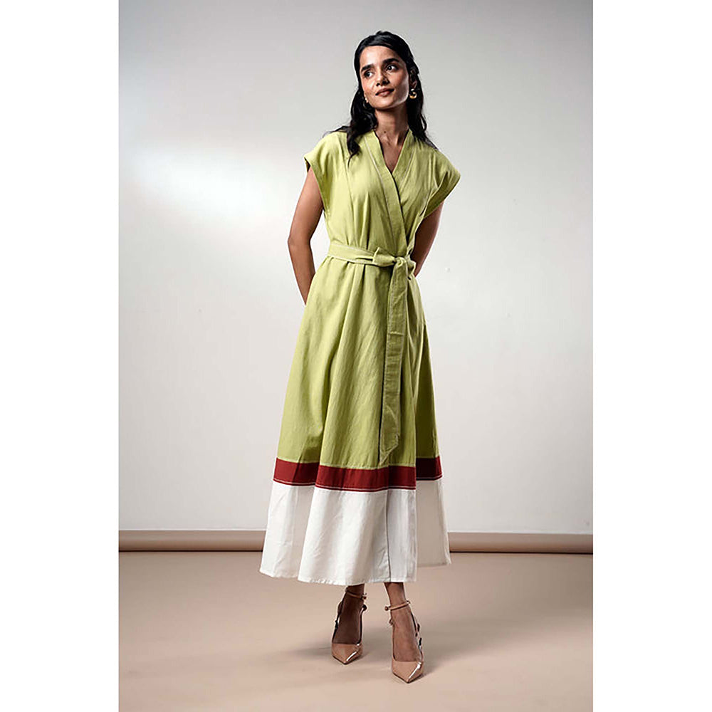 MADDER MUCH Olive Cotton V-Neck Colorblock Midi Dress