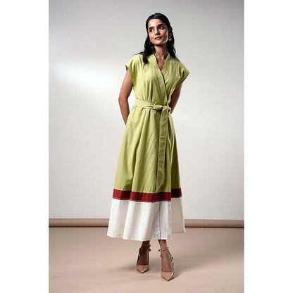 MADDER MUCH Olive Cotton V-Neck Colorblock Midi Dress