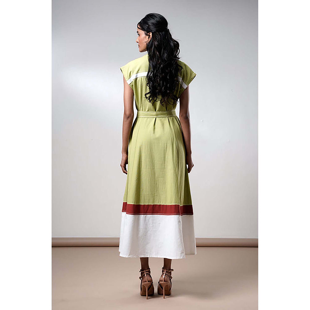 MADDER MUCH Olive Cotton V-Neck Colorblock Midi Dress