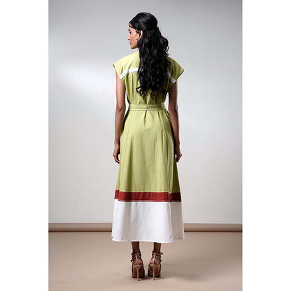 MADDER MUCH Olive Cotton V-Neck Colorblock Midi Dress