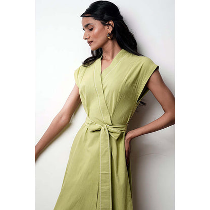MADDER MUCH Olive Cotton V-Neck Colorblock Midi Dress