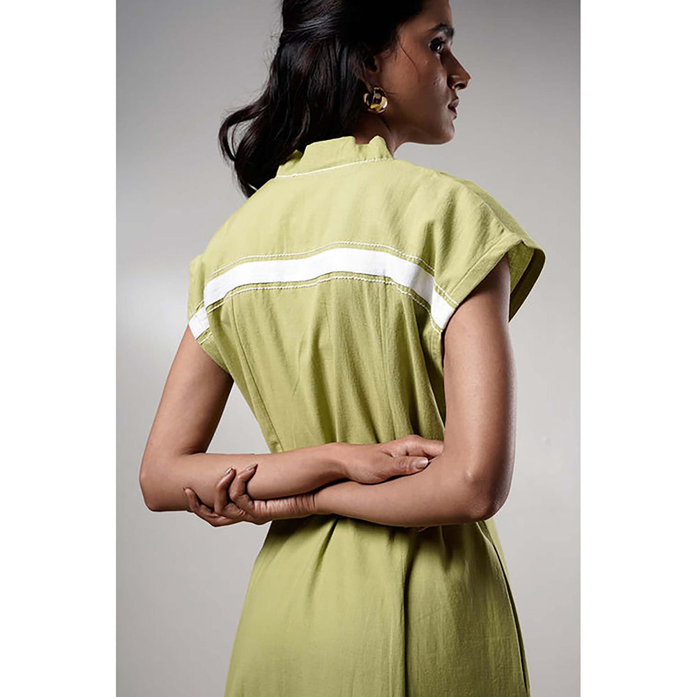 MADDER MUCH Olive Cotton V-Neck Colorblock Midi Dress