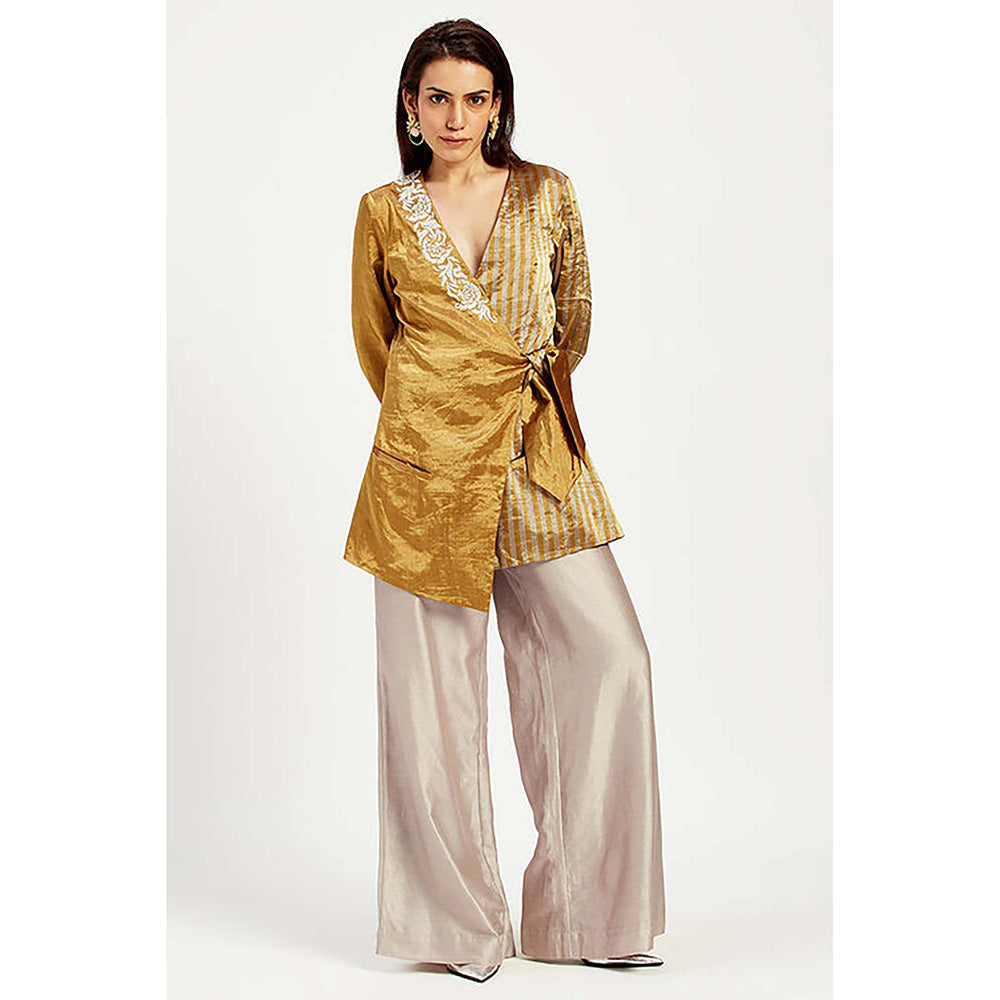 MADDER MUCH Cotton Gold V-Neck Stripes Top With Pant Co-Ord's