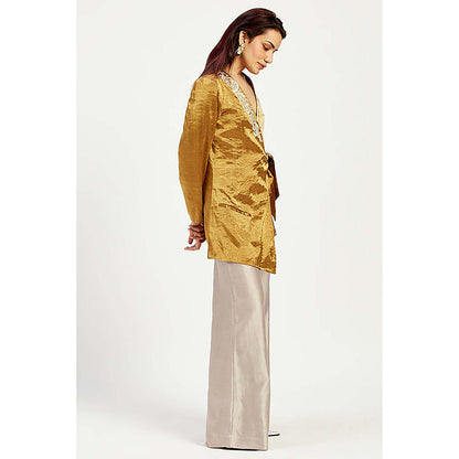 MADDER MUCH Cotton Gold V-Neck Stripes Top With Pant Co-Ord's