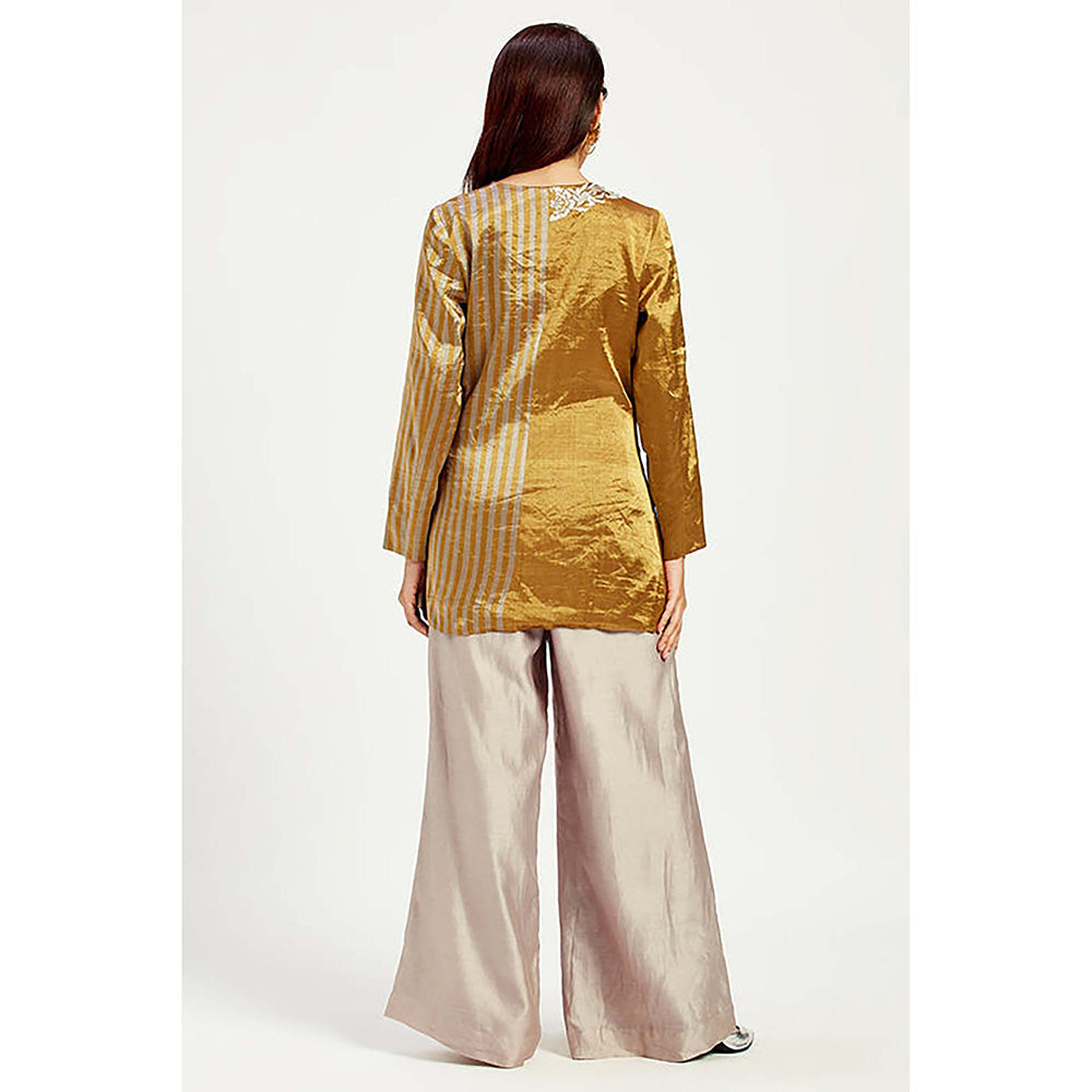 MADDER MUCH Cotton Gold V-Neck Stripes Top With Pant Co-Ord's