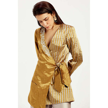 MADDER MUCH Cotton Gold V-Neck Stripes Top With Pant Co-Ord's