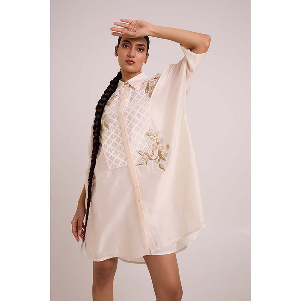 MADDER MUCH Ivory Chanderi Collar Neck Floral A-Line Mini Dress