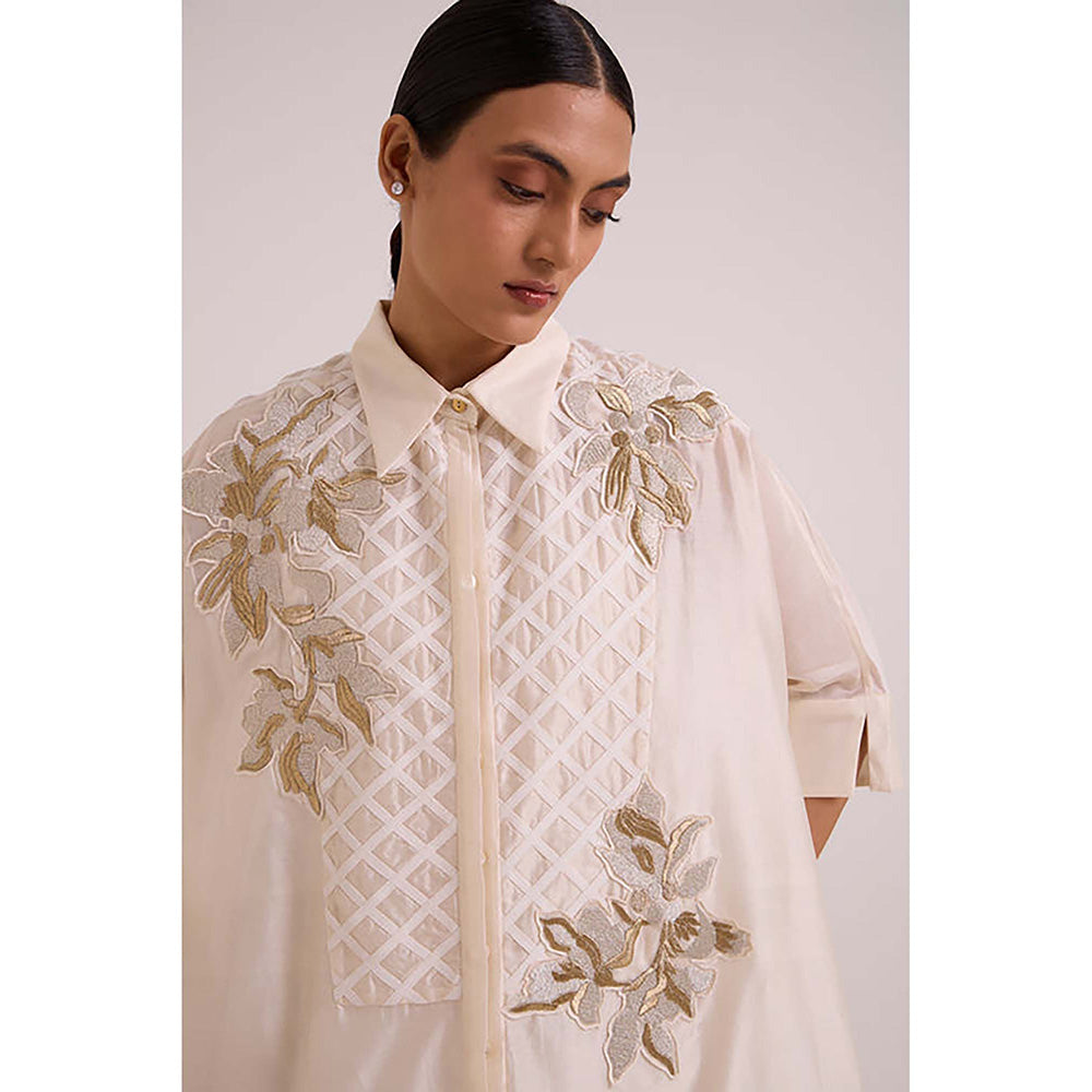 MADDER MUCH Ivory Chanderi Collar Neck Floral A-Line Mini Dress