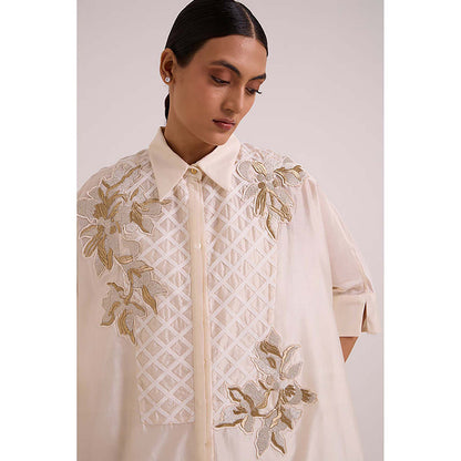 MADDER MUCH Ivory Chanderi Collar Neck Floral A-Line Mini Dress