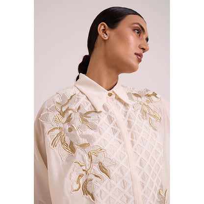 MADDER MUCH Ivory Chanderi Collar Neck Floral A-Line Mini Dress