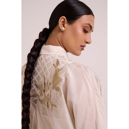 MADDER MUCH Ivory Chanderi Collar Neck Floral A-Line Mini Dress