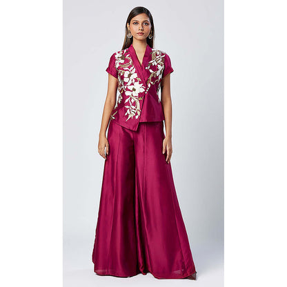 MADDER MUCH Chanderi Silk Magenta V-Neck Embroidered Top With Palazzo Co-Ord's