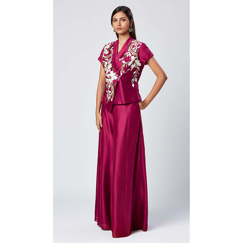 MADDER MUCH Chanderi Silk Magenta V-Neck Embroidered Top With Palazzo Co-Ord's