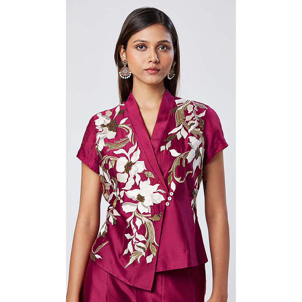MADDER MUCH Chanderi Silk Magenta V-Neck Embroidered Top With Palazzo Co-Ord's
