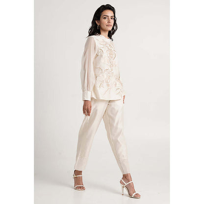 MADDER MUCH Chanderi White Crew Neck Solid/Plain Top With Pant Co-Ord's
