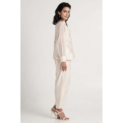 MADDER MUCH Chanderi White Crew Neck Solid/Plain Top With Pant Co-Ord's