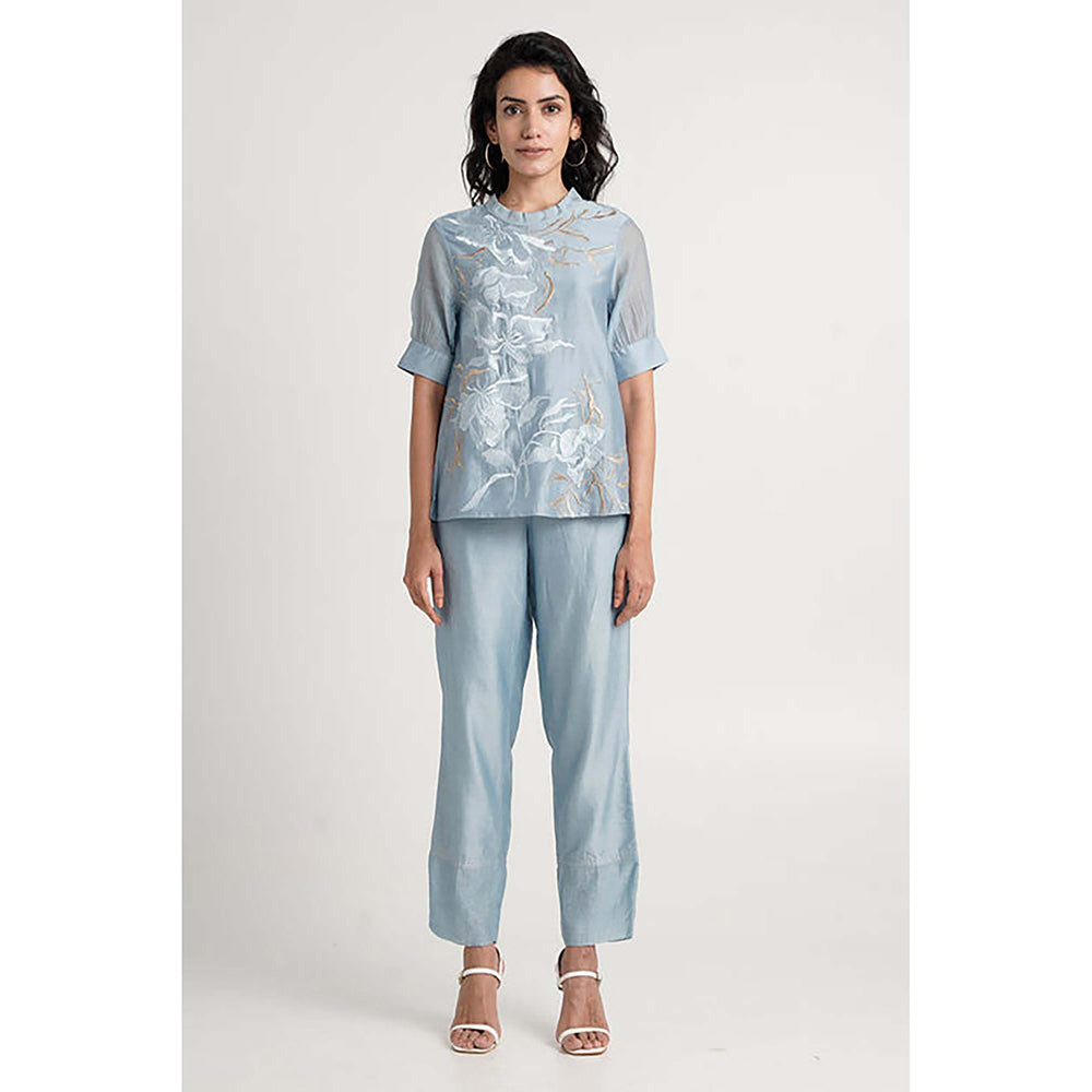 MADDER MUCH Blue Cotton Crew Neck Embroidered Top With Pant