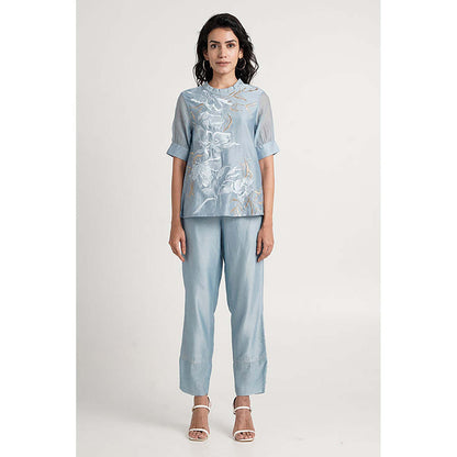 MADDER MUCH Blue Cotton Crew Neck Embroidered Top With Pant