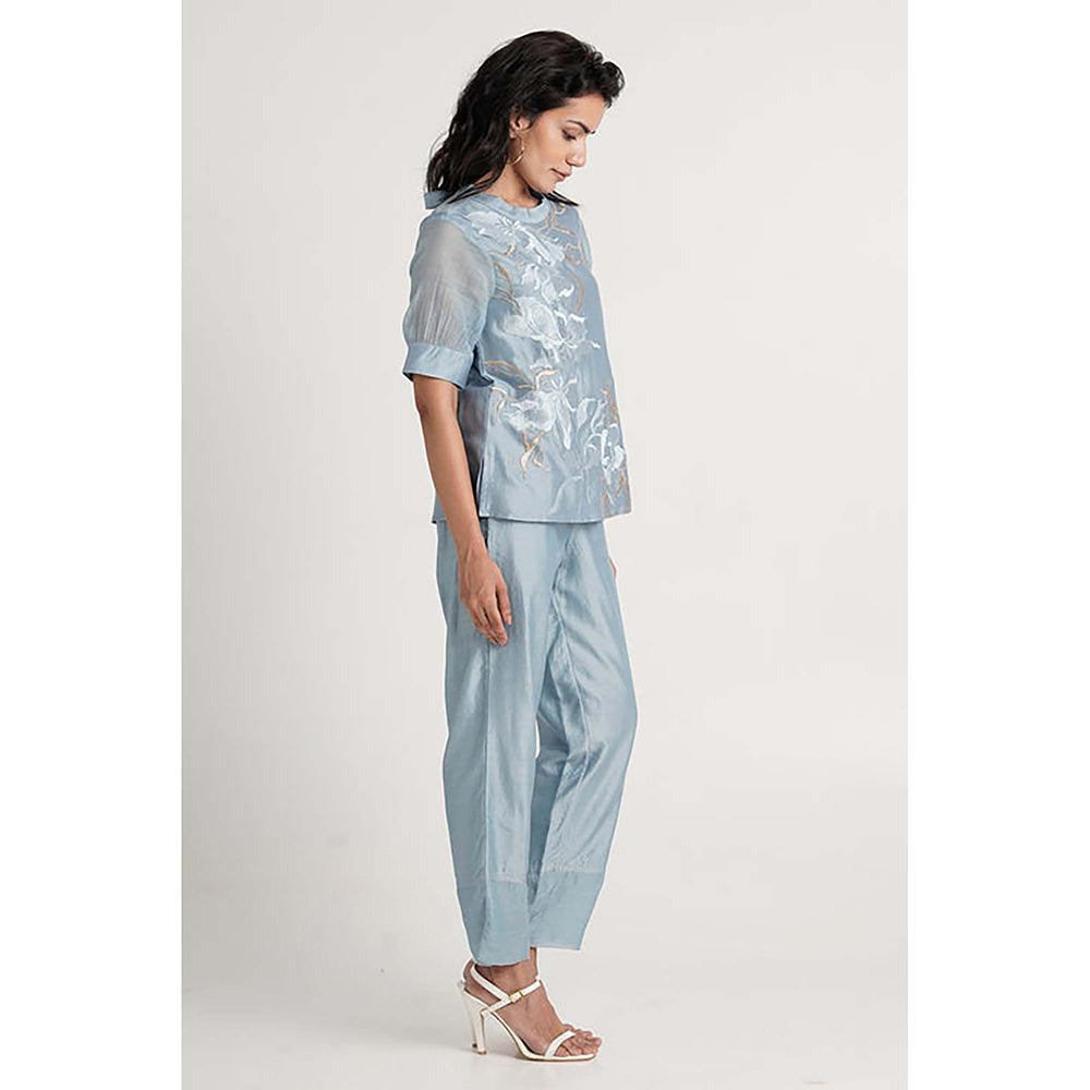 MADDER MUCH Blue Cotton Crew Neck Embroidered Top With Pant