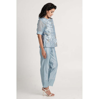 MADDER MUCH Blue Cotton Crew Neck Embroidered Top With Pant