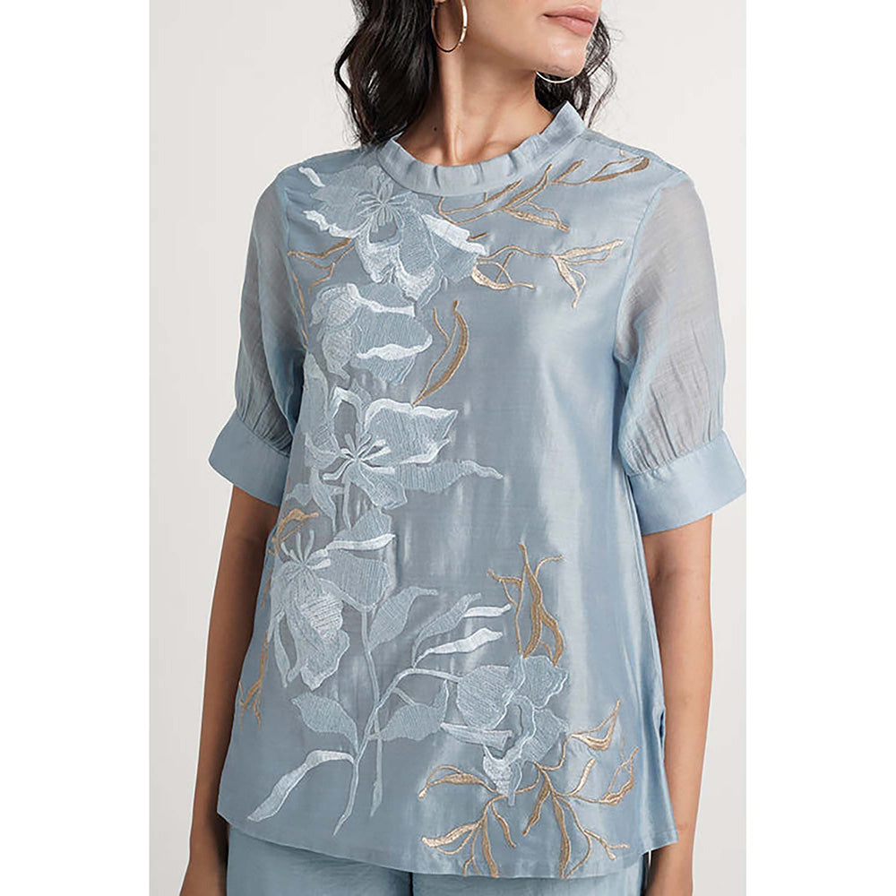 MADDER MUCH Blue Cotton Crew Neck Embroidered Top With Pant